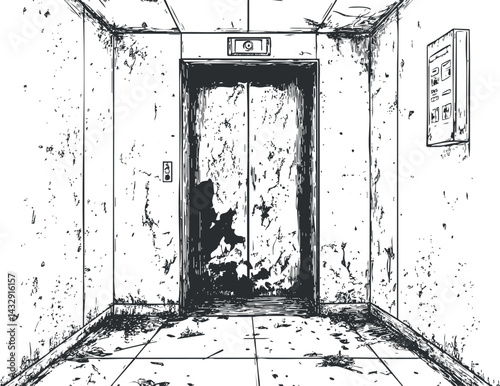 Grungy old elevator door in a dirty abandoned building hallway with worn walls and floor