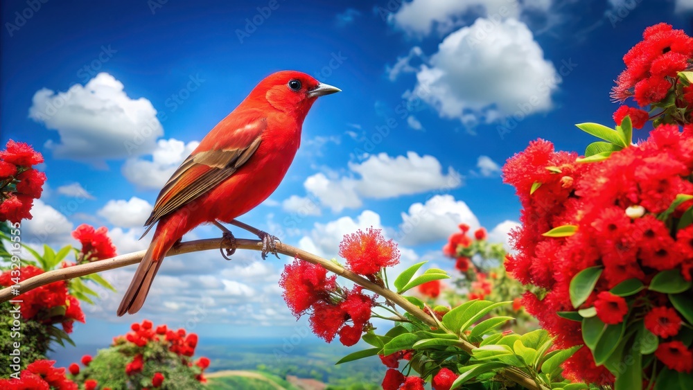 A bright red bird perched on a vibrant green branch surrounded by clusters of red flowers in full bloom, against a clear blue sky with fluffy white clouds , nature, birds