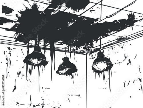 Black and white grunge illustration of three hanging ceiling lamps with dripping paint in an industrial room setting