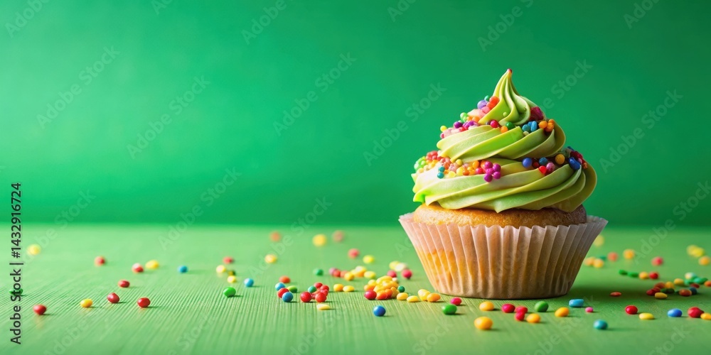 Birthday Cupcake with Colorful Frosting and Sprinkles on a Vibrant Green Background, green background, colorful frosting