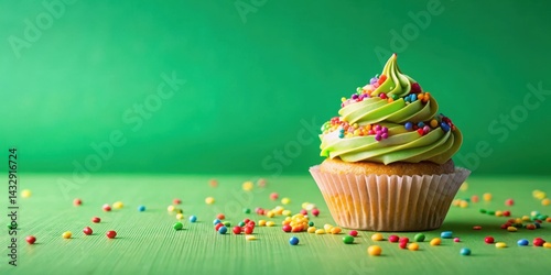 Obraz na płótnie Birthday Cupcake with Colorful Frosting and Sprinkles on a Vibrant Green Background, green background, colorful frosting w salonie