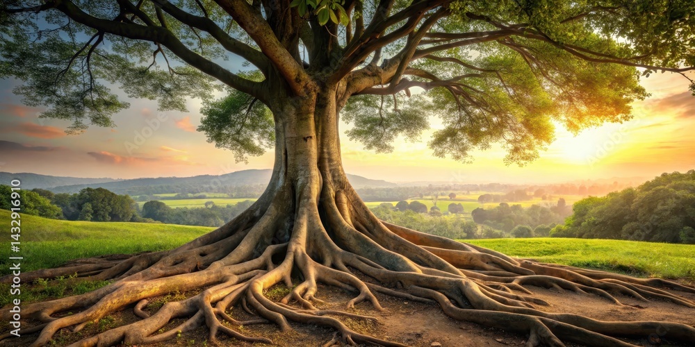 A massive tree trunk with roots sprawling across a landscape , earthy tones, wilderness,  earthy tones, wilderness