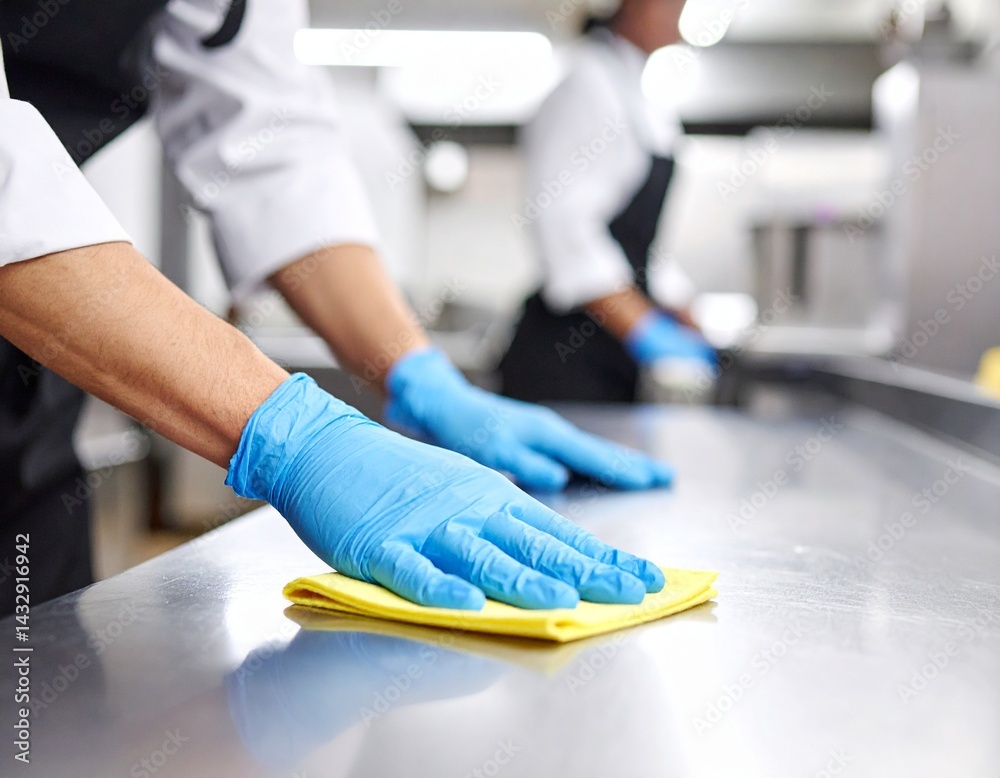 © ImagePulse - A kitchen worker in gloves cleans a metal surface with a yellow cloth, ensuring hygiene and cleanliness in a food preparation area.