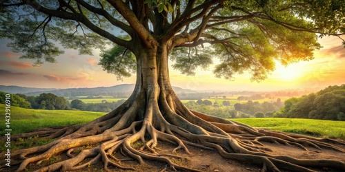 Obraz na płótnie A massive tree trunk with roots sprawling across a landscape , earthy tones, wilderness, earthy tones, wilderness w salonie