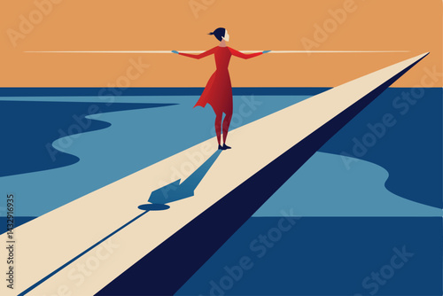 girl balancing on rail beside flooded road .eps

