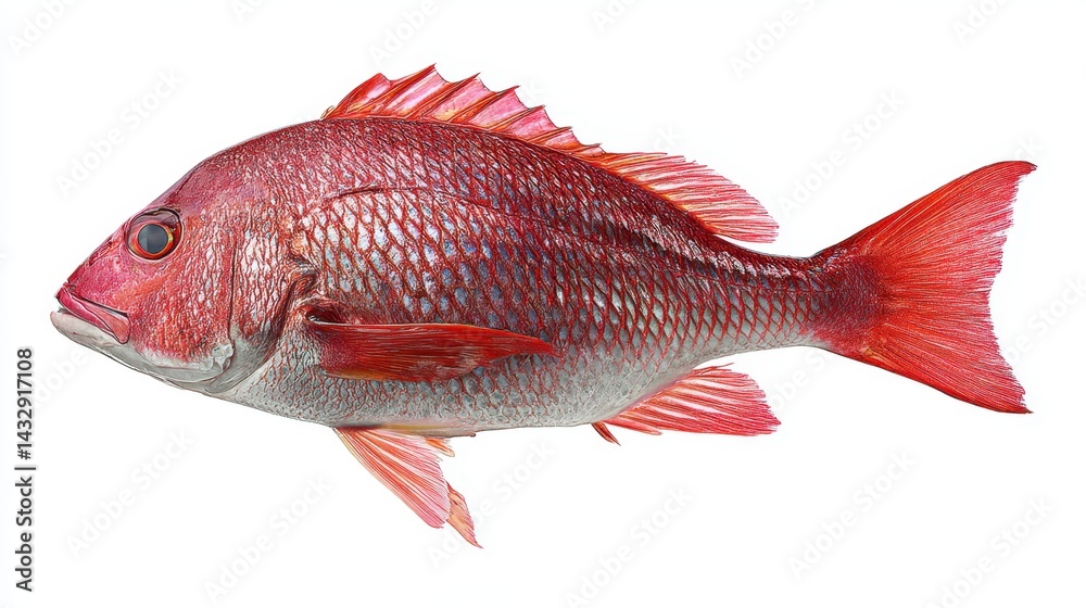 Obraz premium Vibrant red snapper portrait on white background showcasing detailed scales fins and eye aquatic life marine animal underwater world stock photo