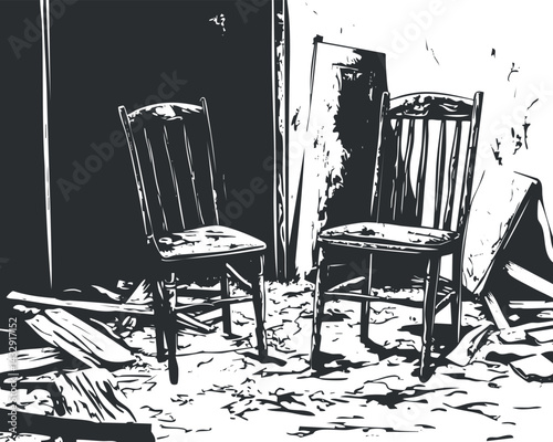 Black and white image of two old wooden chairs in an abandoned, dilapidated room with debris on the floor