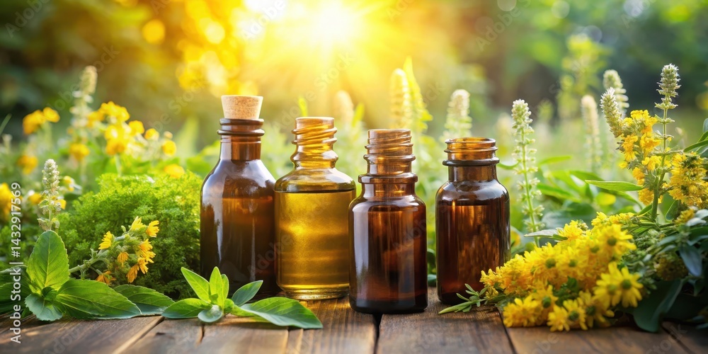 Aromatherapy essential oil bottles surrounded by fresh blooming agrimony plants in a lush green garden, with sunlight filtering through the leaves , herbal, essential oils