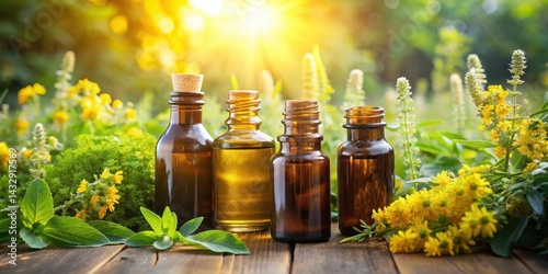 Obraz na płótnie Aromatherapy essential oil bottles surrounded by fresh blooming agrimony plants in a lush green garden, with sunlight filtering through the leaves , herbal, essential oils w salonie