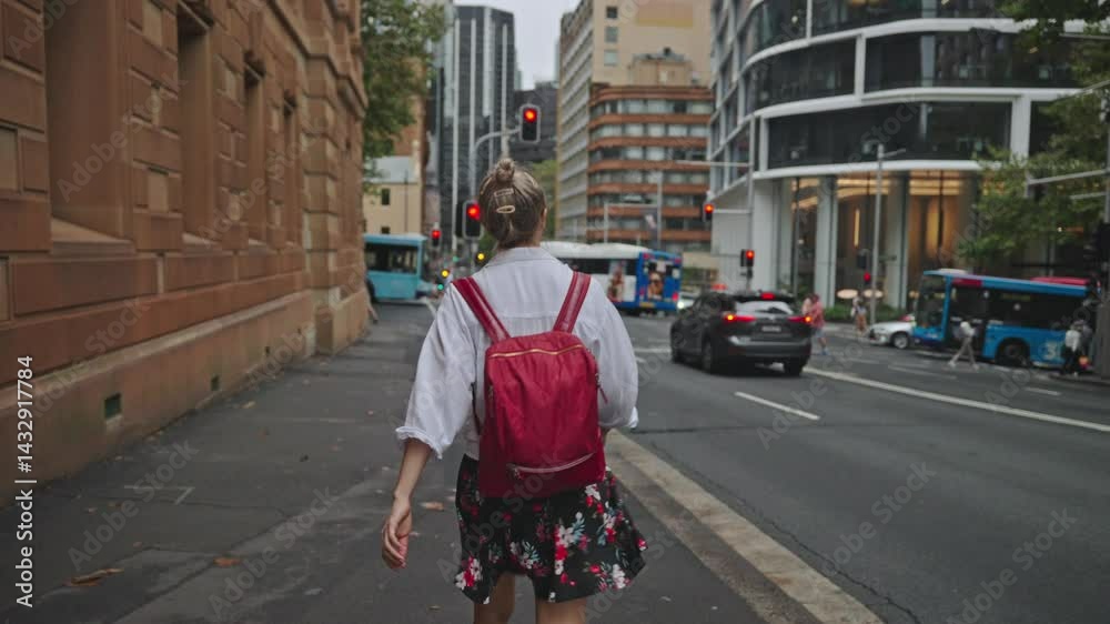 A woman with a red backpack walks along a city sidewalk, surrounded by modern buildings and urban traffic. She is dressed in a white shirt and a floral skirt, and she holds a phone in her hand. T