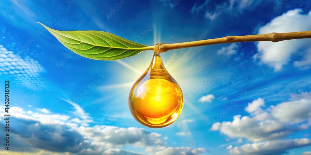 A droplet of golden yellow bubble oil glistening on a leafy branch, suspended in mid-air against a bright blue sky with fluffy white clouds , blue sky , dew drop