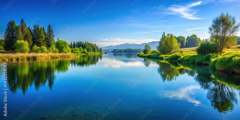 Serene lake scene with a gentle stream of blue water flowing through it