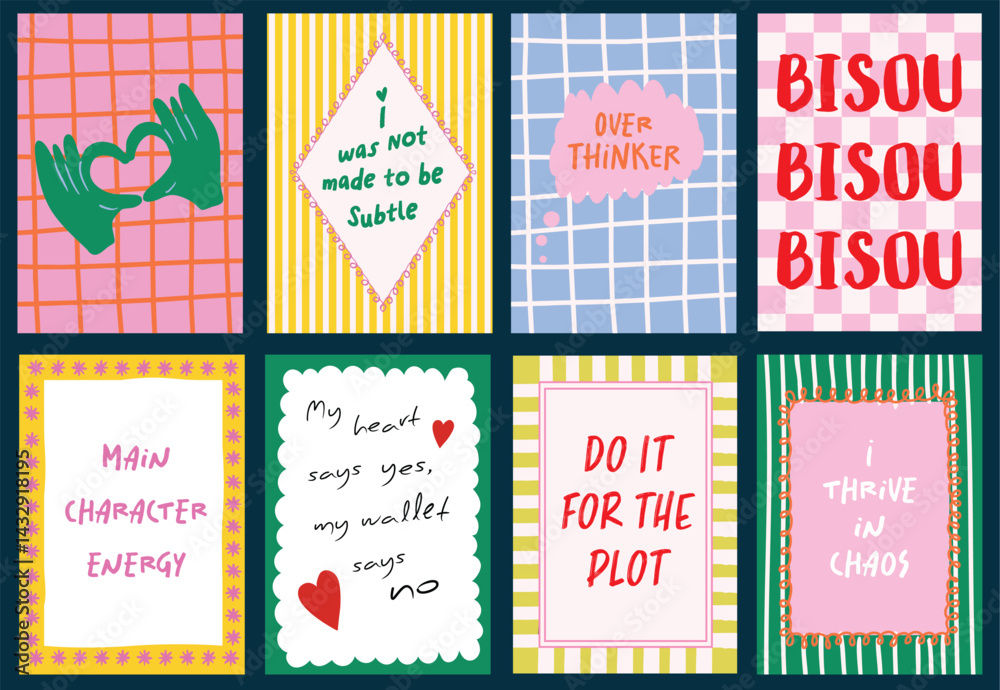 Abstract posters in a bold minimalist style and funny quotes and sayings. Bright colors checkered background, scalloped border frame  template for wall art, postcard, social media, ad banners