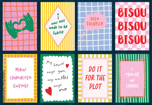 Abstract posters in a bold minimalist style and funny quotes and sayings. Bright colors checkered background, scalloped border frame  template for wall art, postcard, social media, ad banners