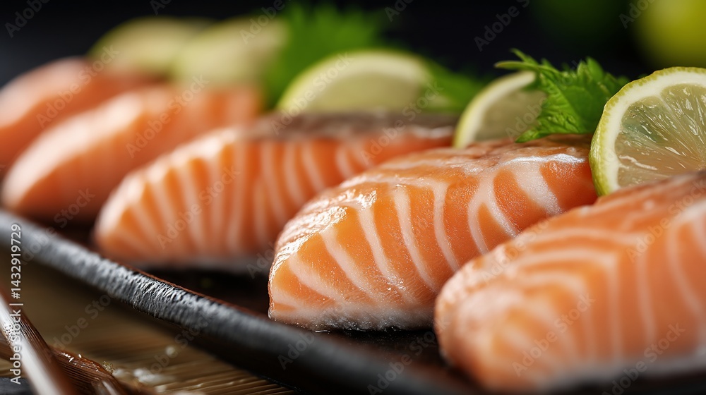 Fresh salmon sashimi slices arranged on a dark tray with lemon and herbs Fresh salmon sashimi slices arranged on a dark tray with lemon and herbs