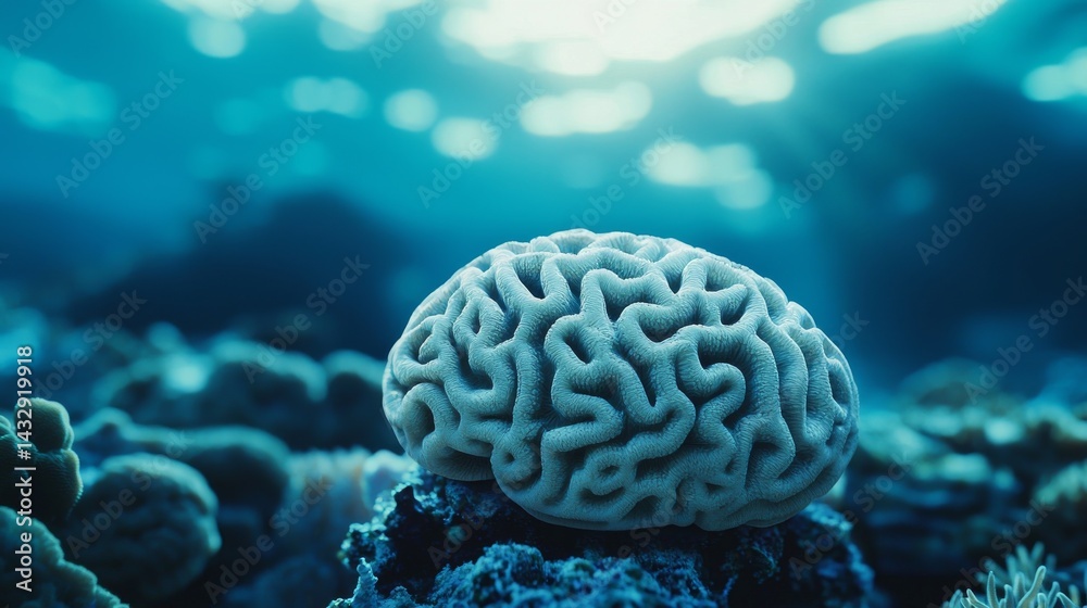A stunning underwater view featuring a coral formation resembling a human brain. A stunning underwater view featuring a coral formation resembling a human brain.
