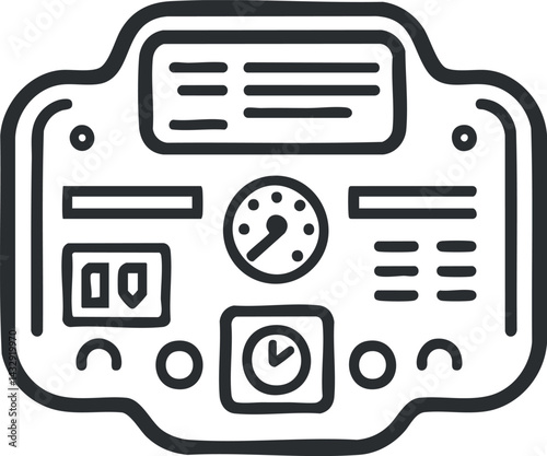 Black and white hand drawn control panel with gauges switches and dials for monitoring and adjustments