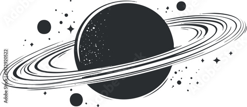 Black and white illustration of a planet with rings surrounded by stars and smaller celestial bodies in space
