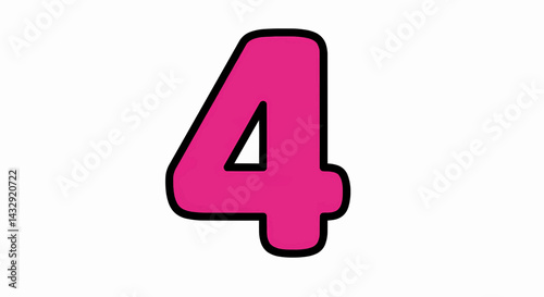 Flat illustration, with bold, solid color fills and thick, uniform black strokes on a white background. The center of the drawing is the number "4" in a bright, saturated purple color. Vector 