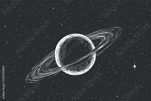 Illustration of a ringed planet resembling Saturn surrounded by stars in outer space