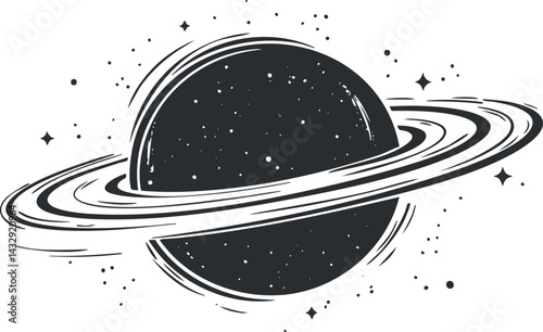 Black and white illustration of a ringed planet in space surrounded by stars and cosmic dust