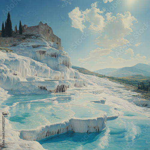 ays homage to breathtaking splendor of Pamukkale in Turkey, unveiling ethereal cascades of opalescent mineral-laden water, otherworldly vistas, and profound awe stirred by this unparalleled marvel of 