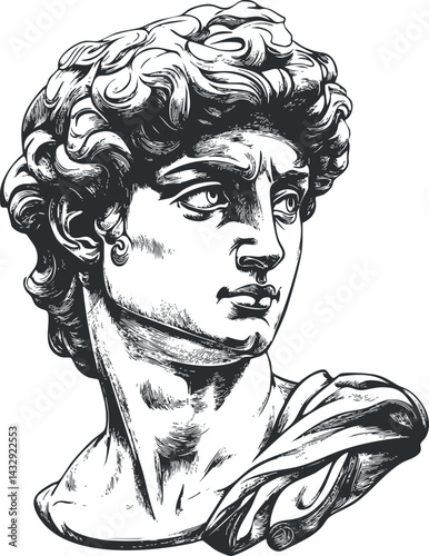 Detailed black and white illustration of a classical marble sculpture head with curly hair and draped cloth.