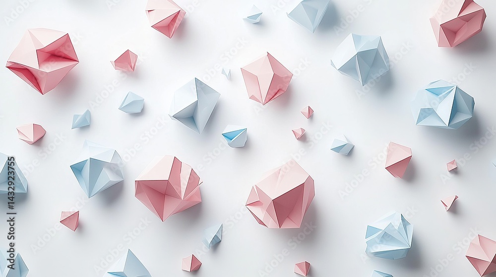 Obraz premium Abstract white background with low-poly geometric shapes, minimalistic monochrome design for banner, poster, presentation, wallpaper, or digital marketing materials.