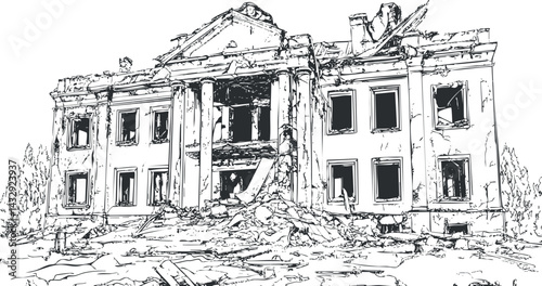 Black and white sketch of a large historic building in ruins with collapsed facade and debris