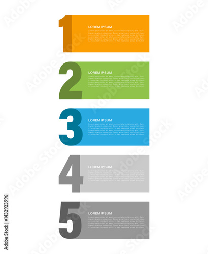 Vertical infographic template with five steps or options. Vector design with numbers and space for data.