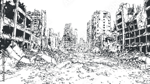 Black and white sketch of a city street filled with rubble and destroyed buildings showing urban devastation
