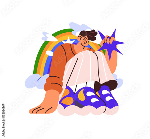 Person catches opportunity, gets success, achievements. Concept of self development, personal growth. Life aspiration and creative ability. Flat isolated vector illustration on white background