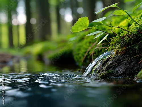 Fresh spring water cascading over rocks in a tranquil forest