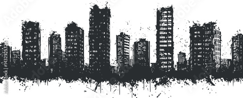 Black and white grunge city skyline silhouette with tall buildings and urban architecture