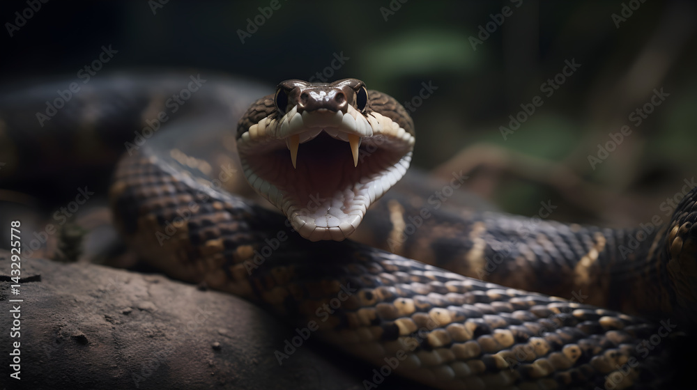 Fototapeta premium A black and white snake with a yellow and black striped pattern, coiled around a tree trunk in a forest setting.
