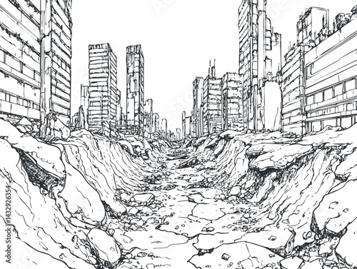 Black and white line art illustration of a destroyed city with crumbled buildings and cracked streets in a postapocalyptic setting