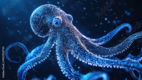 Abstract glowing blue octopus in dark water.