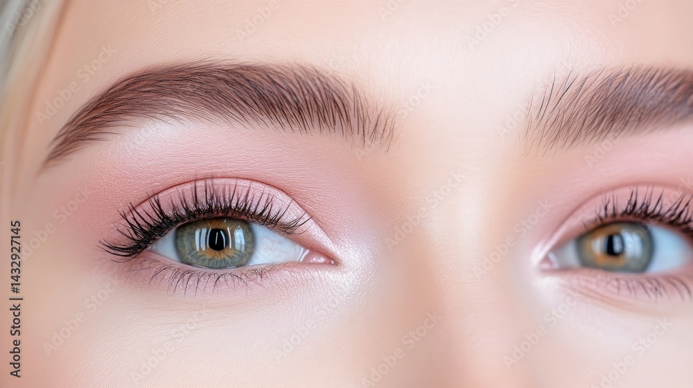 Obraz premium Womans Eyes Defined Brows Soft Makeup High-Definition Close-up Shot Subtle Blush Tones Makeup Tutorial Rose Gold Hues Perfect for Beauty Blogs
