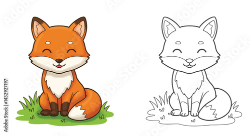 Fox in Meadow: A charming illustration of a fox sitting gracefully on a patch of green grass, its eyes twinkling with warmth and happiness, invites a world of gentle joy.