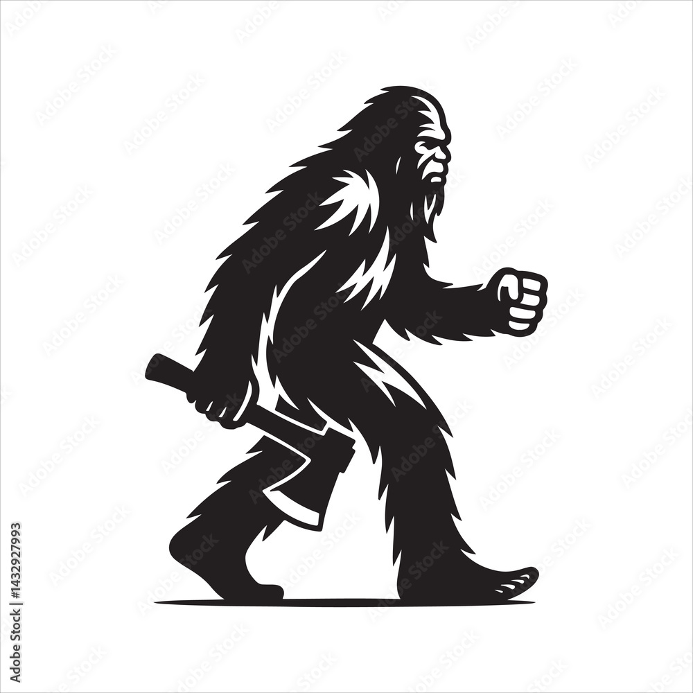 Obraz premium Black and white silhouette of a walking Yeti (Bigfoot) holding an axe in his hand