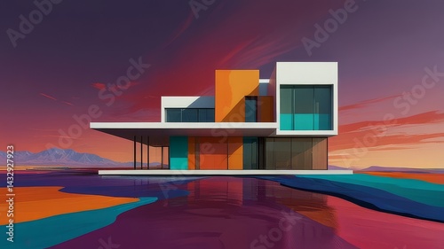 Abstract Modern House on Colorful Fluid Landscape
