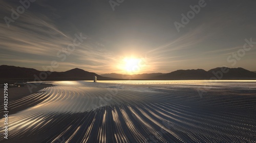 Sunset over a beach with ripples in the sand and distant land.