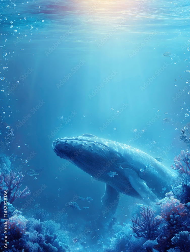 Fototapeta premium Humpback Whale Swimming in Underwater Coral Reef