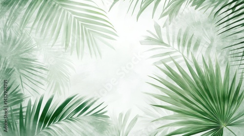 Lush green palm leaves frame a soft white background.