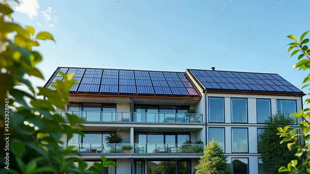 A modern building with solar panels on the roof, surrounded by greenery and bright blue skies. A modern building with solar panels on the roof, surrounded by greenery and bright blue skies.