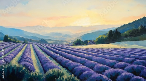 Lavender field rows stretch toward mountains under a bright sky at sunset.