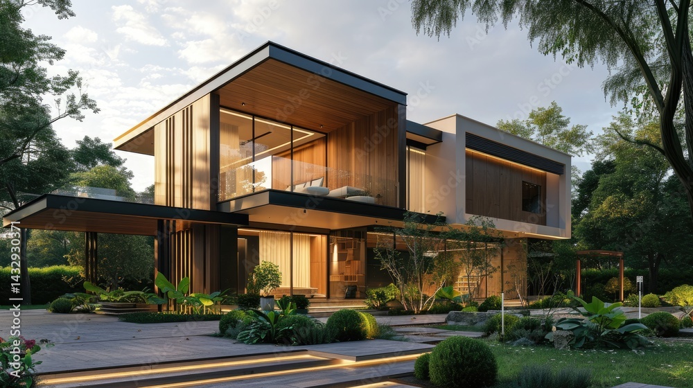 Contemporary exterior wooden house with a spacious balcony is beautifully integrated into a lush garden