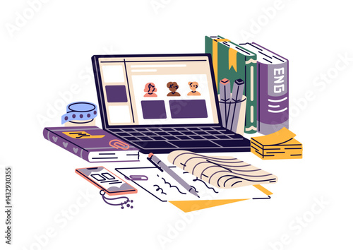 Workplace with books, stationery, laptop composition. Online courses of learning of English, foreign languages. Concept of distance education. Flat isolated vector illustration on white background