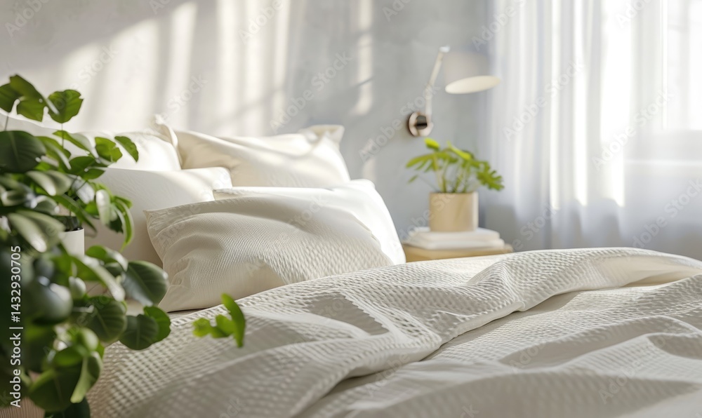 Close-up view of a neatly made bed with white bedding, illuminated by sunlight, and potted plants.