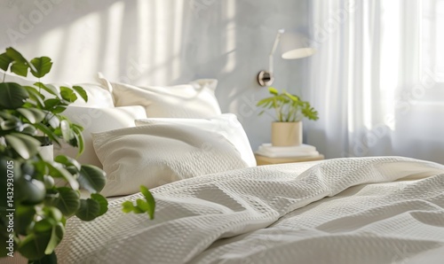 Obraz na płótnie Close-up view of a neatly made bed with white bedding, illuminated by sunlight, and potted plants. w salonie
